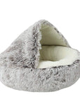 Light brown plush nesting cave bed for cats and small dogs (short plush version).