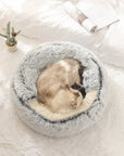 Cat resting in a gray plush nesting cave bed (short plush version). Cat is laying on top of the fabric.