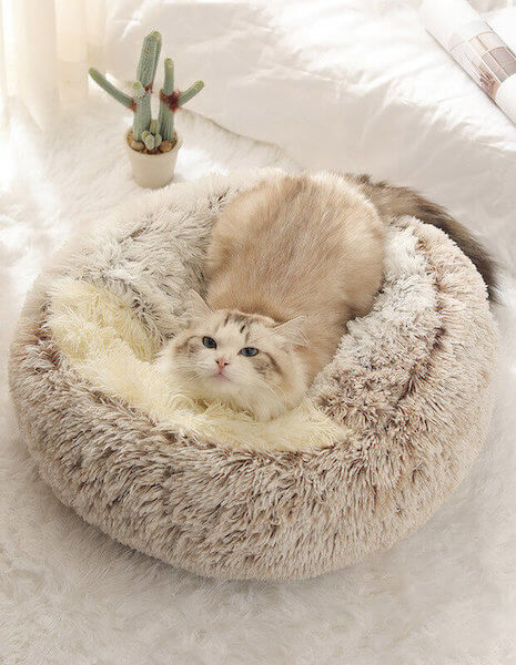 Cat resting in a light brown plush nesting cave bed (long plush version).