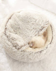 Cat cozied and snuggled up into its plush nesting cave bed.