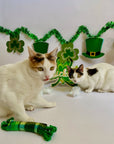 Cats playing with plaid kicker catnip toy with St. Patrick's Day decorations in the background. 