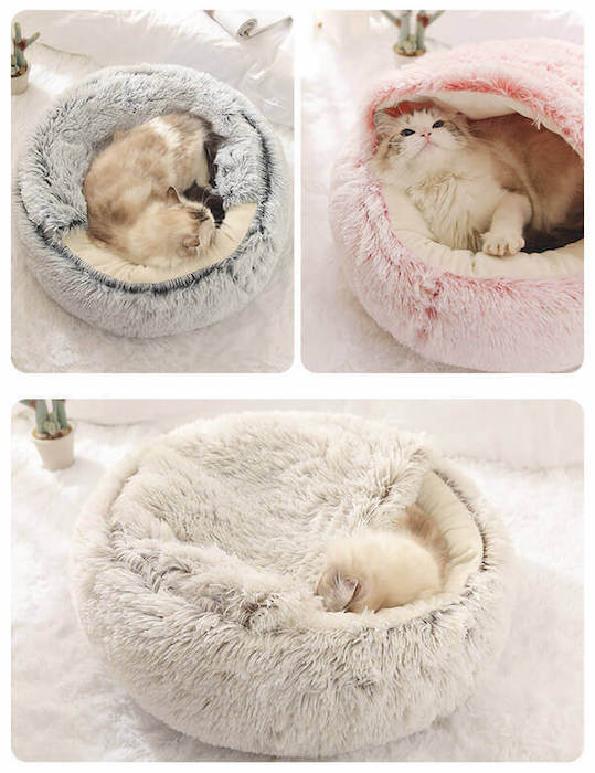 Collage of cats using their plush nesting cave beds in different ways.