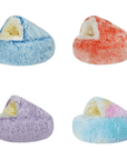 Variety of colorful plush nesting cave bed for cats and small dogs (long plush versions).