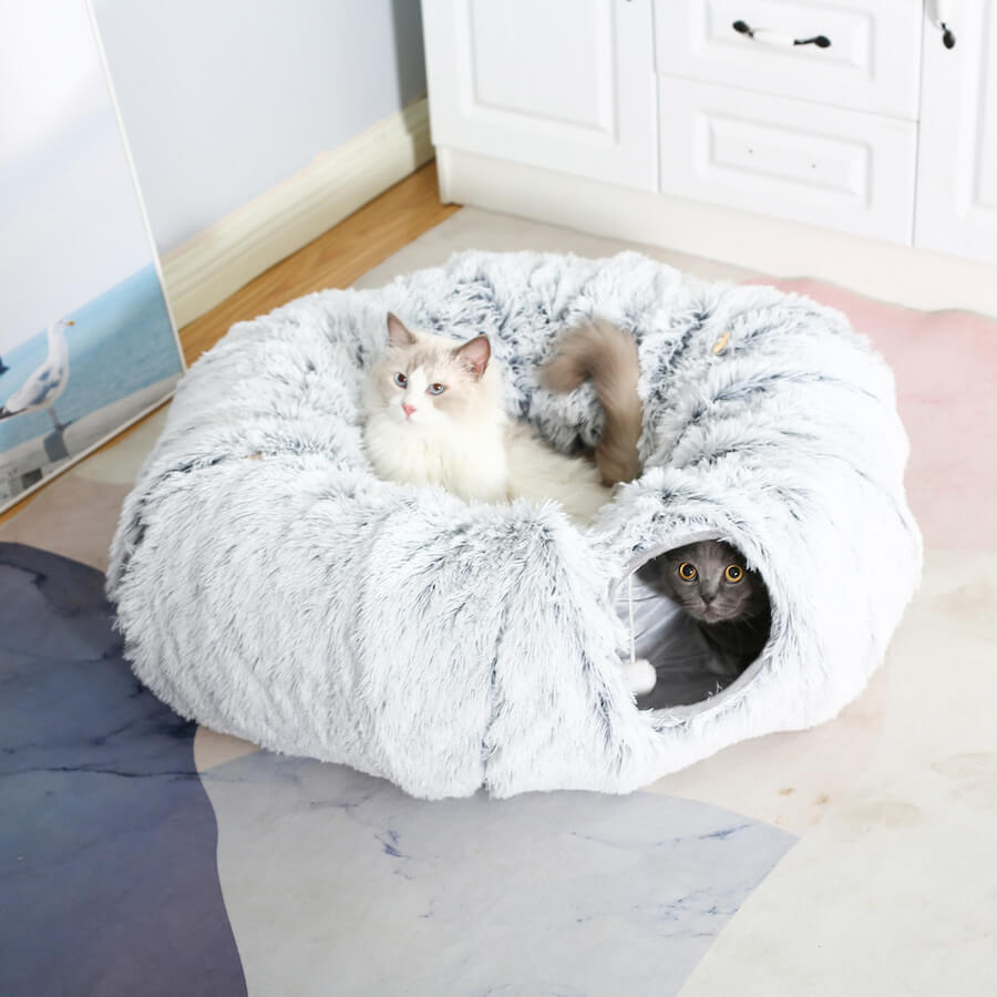 Two cats playing with a plush gray donut tunnel.