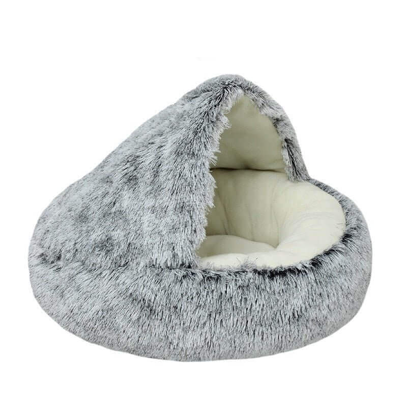 Gray plush nesting cave bed for cats and small dogs (short plush version).