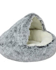 Gray plush nesting cave bed for cats and small dogs (short plush version).