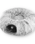 Stock photo of plush gray donut tunnel and cat bed.