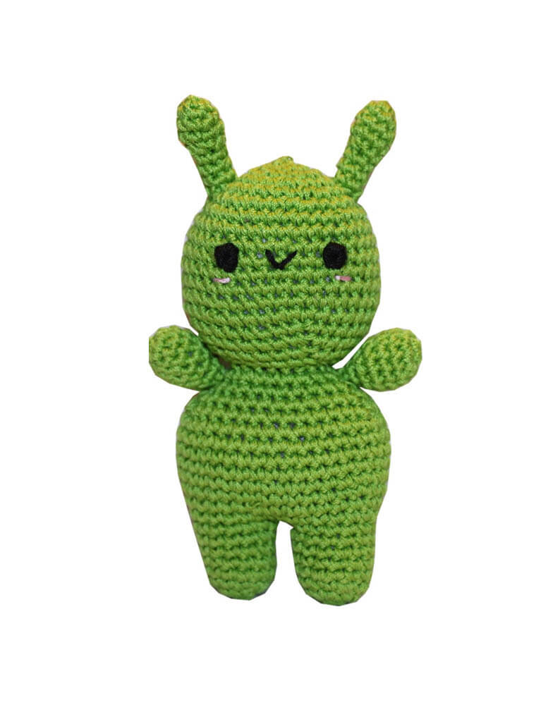 Knit Knacks "Ava the Alien" organic cotton handmade dog toy. Anthropomorphic alien with a smiling face and waving arms.