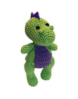 Knit Knacks "Dex the T-Rex" organic cotton handmade dog toy. Green dinosaur with purple trim.