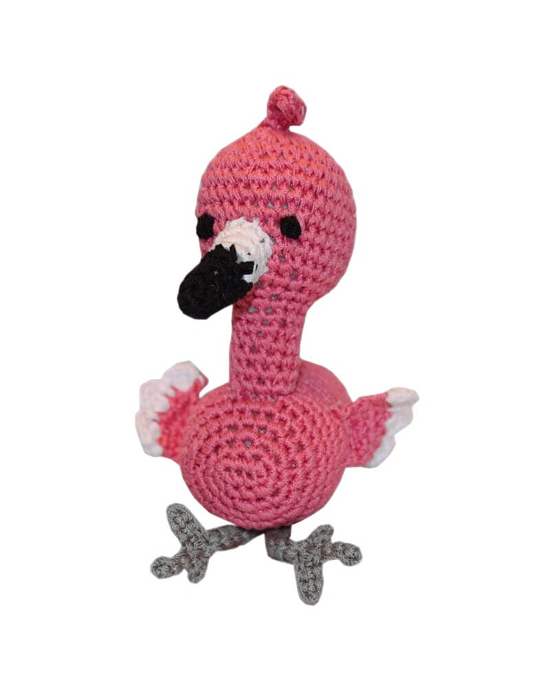 Knit Knacks "Fergie the Flamingo" organic cotton handmade dog toy. Pink flamingo with a black beak and gray feet.