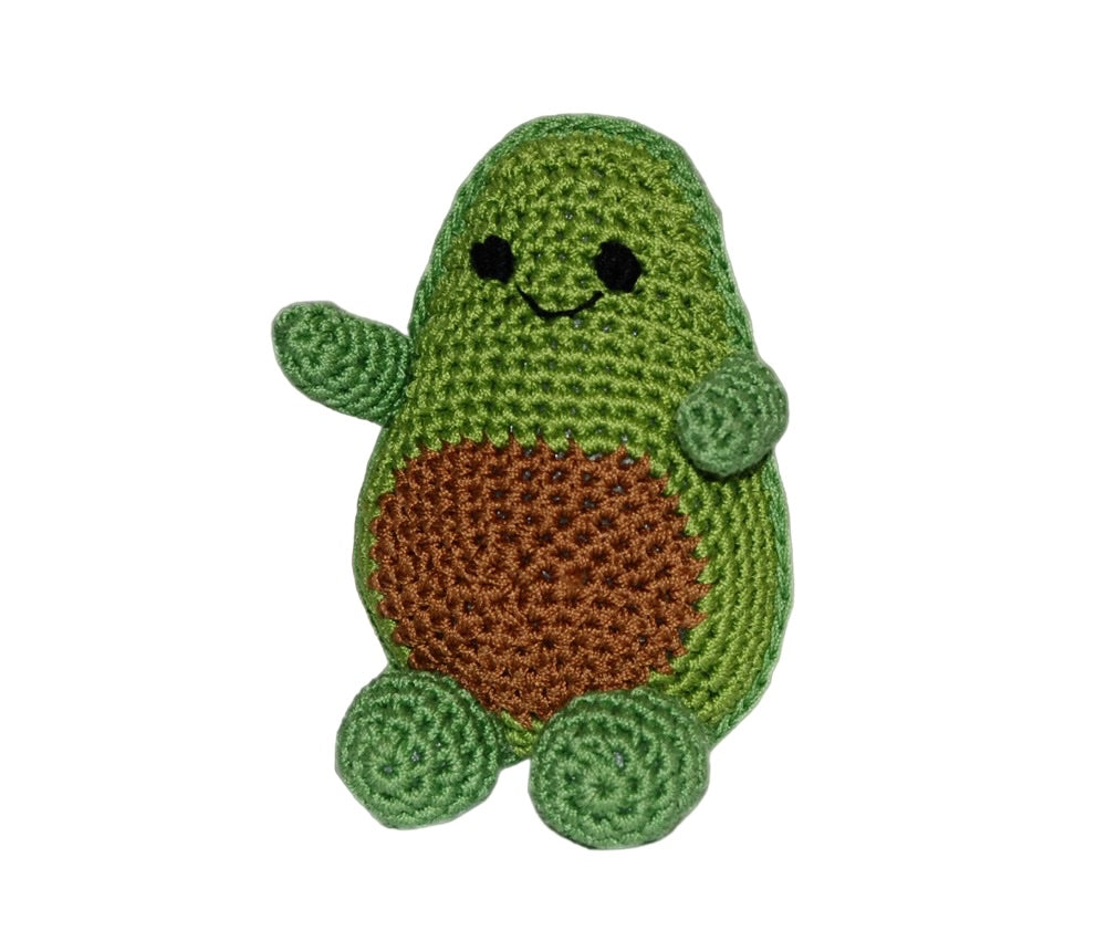 Knit Knacks "Avocado" organic cotton handmade dog toy. Anthropomorphic avocado that is smiling and waving its arm.