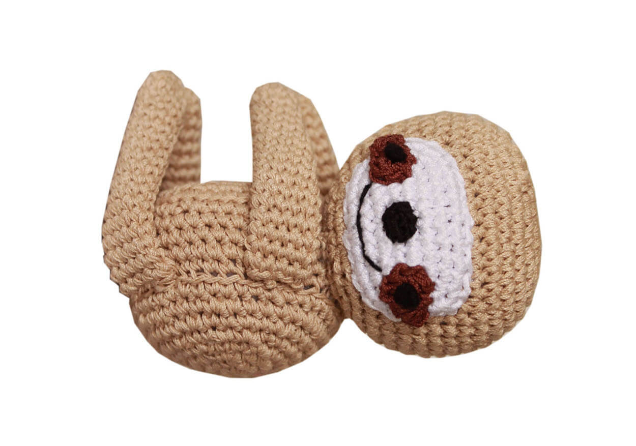Knit Knacks "Fraggles the Funny Baby Sloth" organic cotton handmade dog toy. Tan colored sloth with a sweet, smiling face.