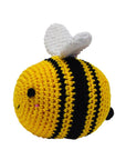 Knit Knacks "Bizzy the Bee" handmade organic cotton dog toy. Yellow bee with black stripes, white wings, and a smiling face.