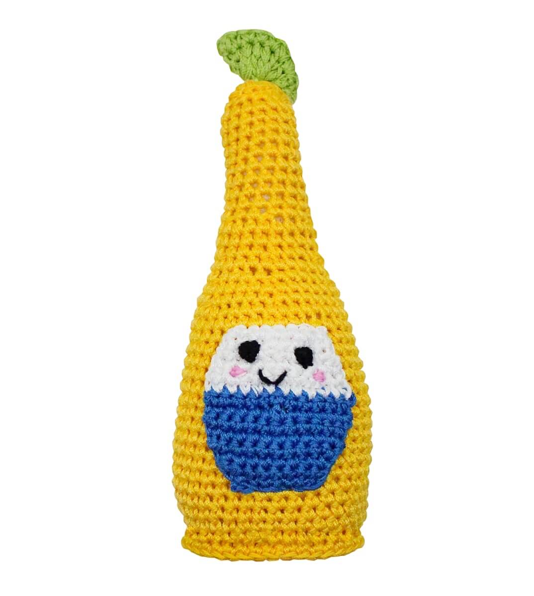 Knit Knacks "Beer Bottle With Lime" handmade organic cotton dog toy. Yellow anthropomorphic beer bottle with a happy expression, rosy cheeks and a lime on the top of the bottle.