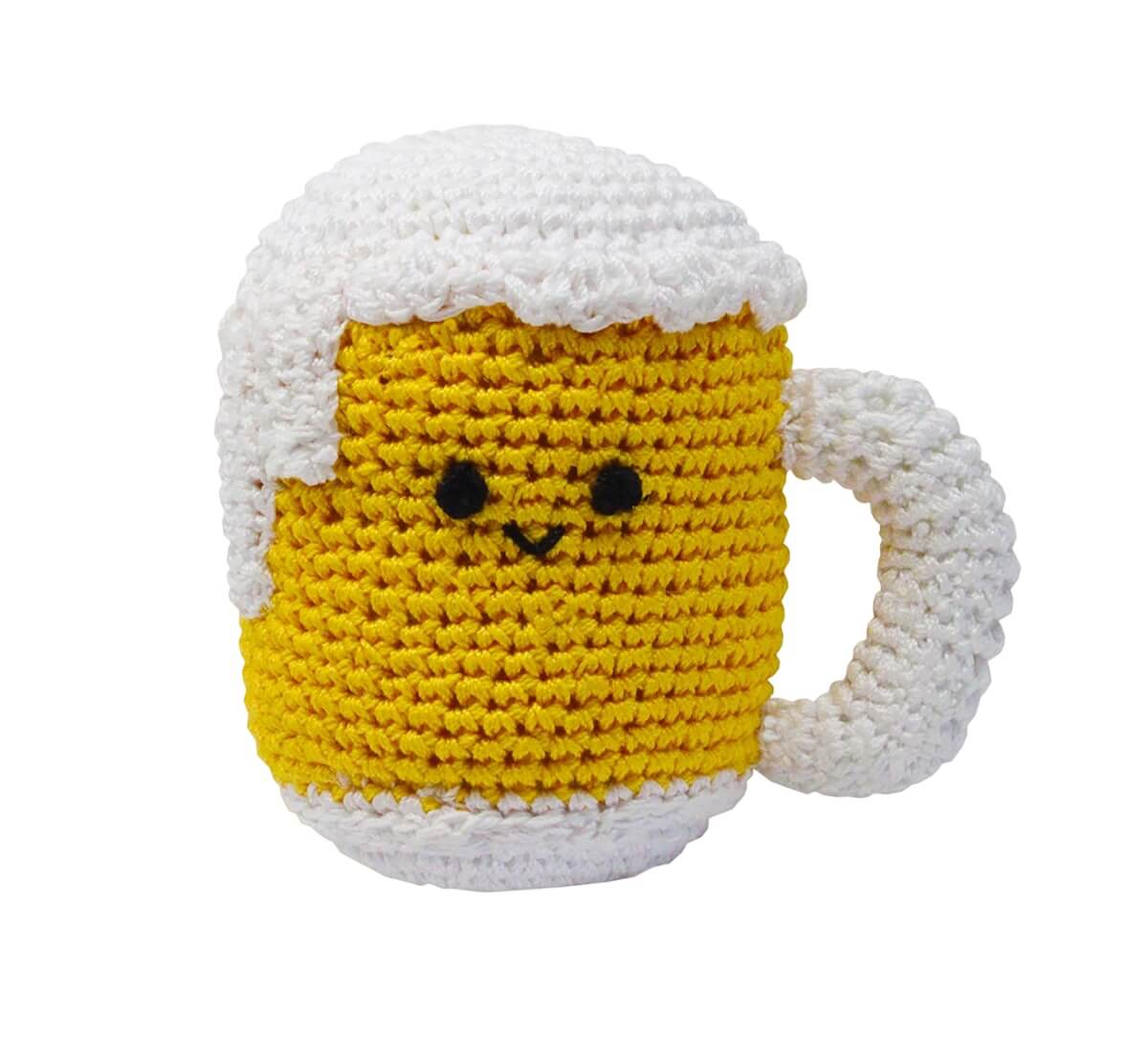Knit Knacks "Mugsy the Beer Mug" handmade organic cotton dog toy. Anthropomorphic beer mug with a happy face, foam on its head, and a white handle.