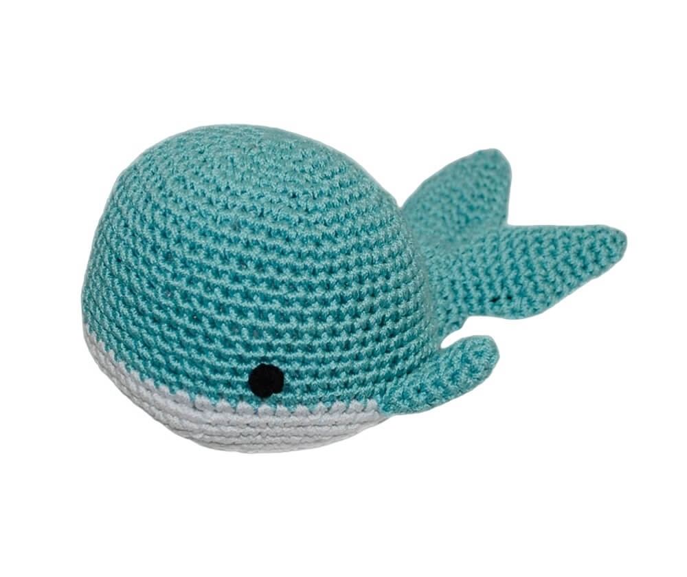Knit Knacks "Willy the Whale" handmade organic cotton dog toy. Blue whale with white underbelly.