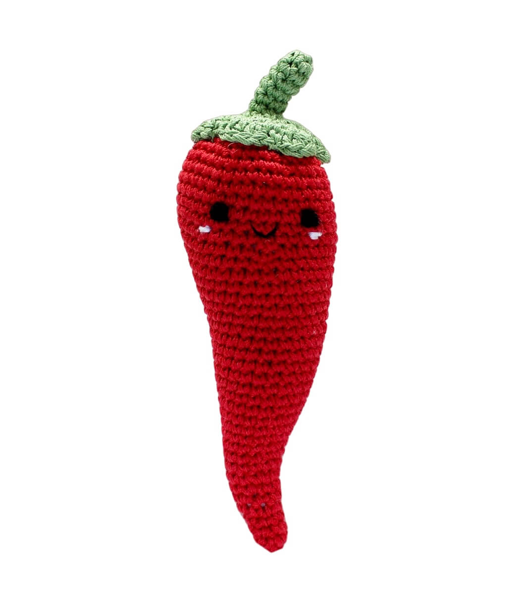 Knit Knacks "Chili P. Pepper" handmade organic cotton dog toy. Red anthropomorphic chili pepper with a happy expression, rosy cheeks, and a green stem on its head.