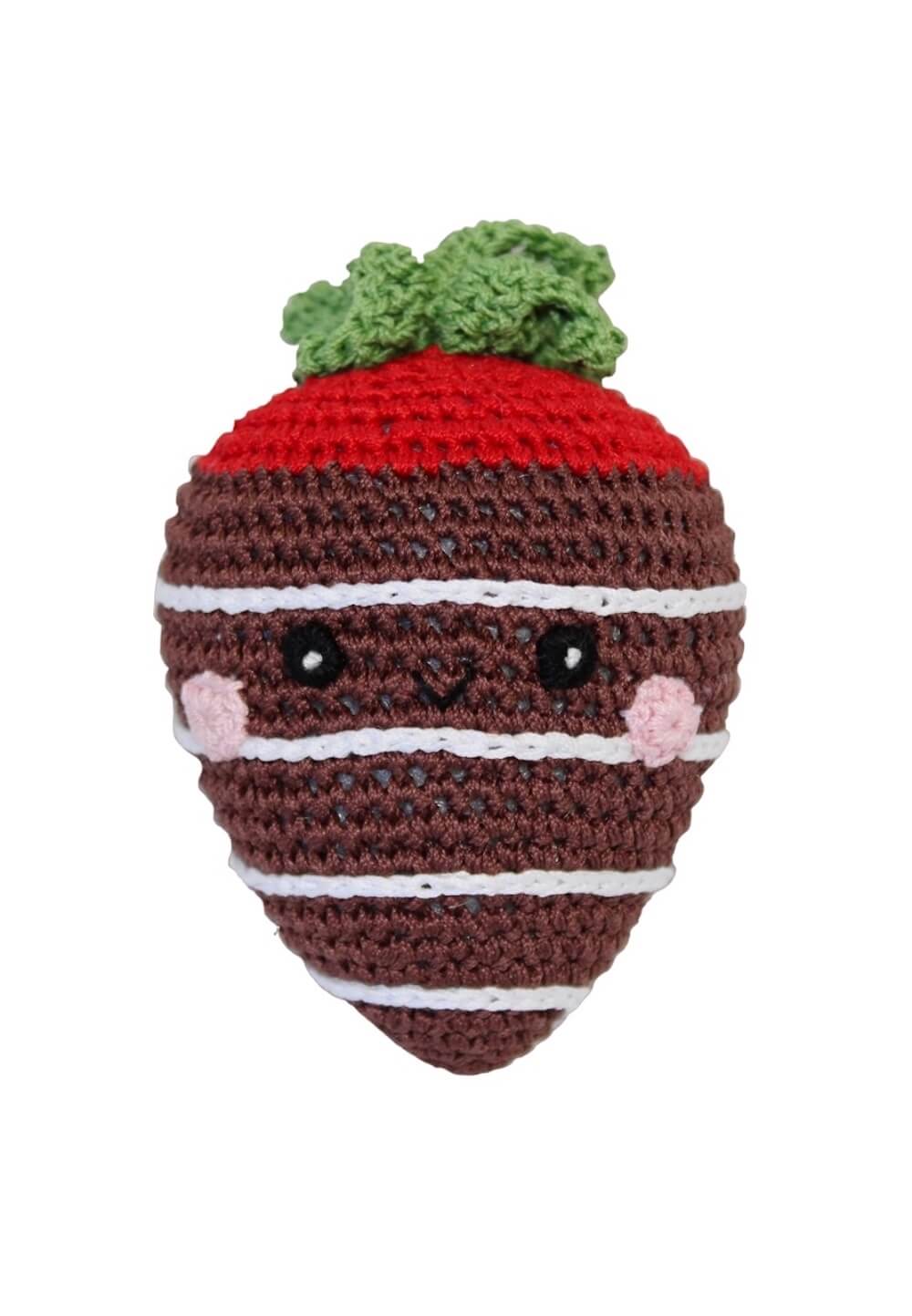Knit Knacks &quot;Milk Chocolate Strawberry&quot; handmade organic cotton dog toy. Smiling anthropomorphic strawberry dipped in milk chocolate.