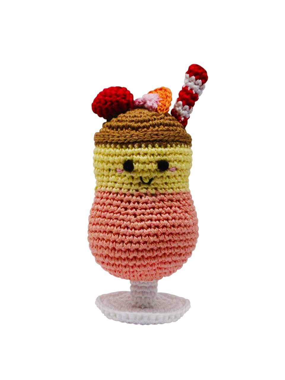 Knit Knacks &quot;Daiquiri&quot; handmade organic cotton dog toy. Anthropomorphic daiquiri drink in a glass with a smiling face and a straw on its head. Layered colors from top to bottom: brown, yellow, peach and white.