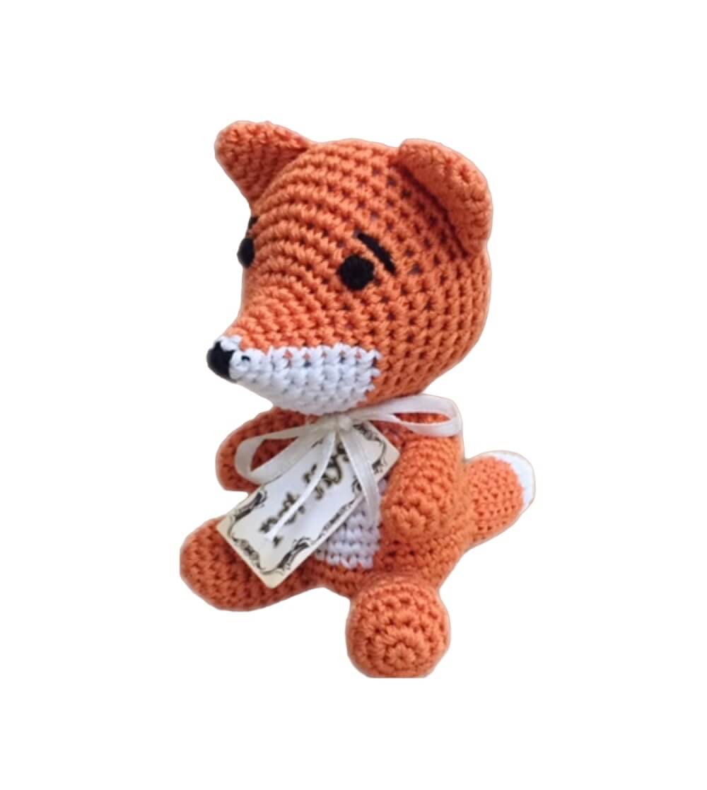 Knit Knacks "Kit the Fox" handmade organic cotton dog toy. Orange fox with white trim.