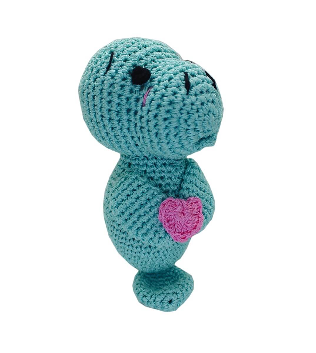 Knit Knacks &quot;Mana the Sea Cow Manatee&quot; handmade organic cotton dog toy. Light blue manatee holding a pink heart.