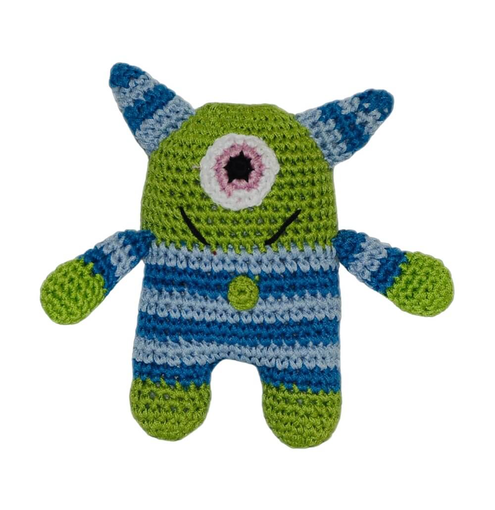 Knit Knacks "Monstee the Monster" handmade organic cotton dog toy. Blue, one-eyed monster with a smiling face and a striped blue outfit.