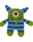 Knit Knacks "Monstee the Monster" handmade organic cotton dog toy. Blue, one-eyed monster with a smiling face and a striped blue outfit.