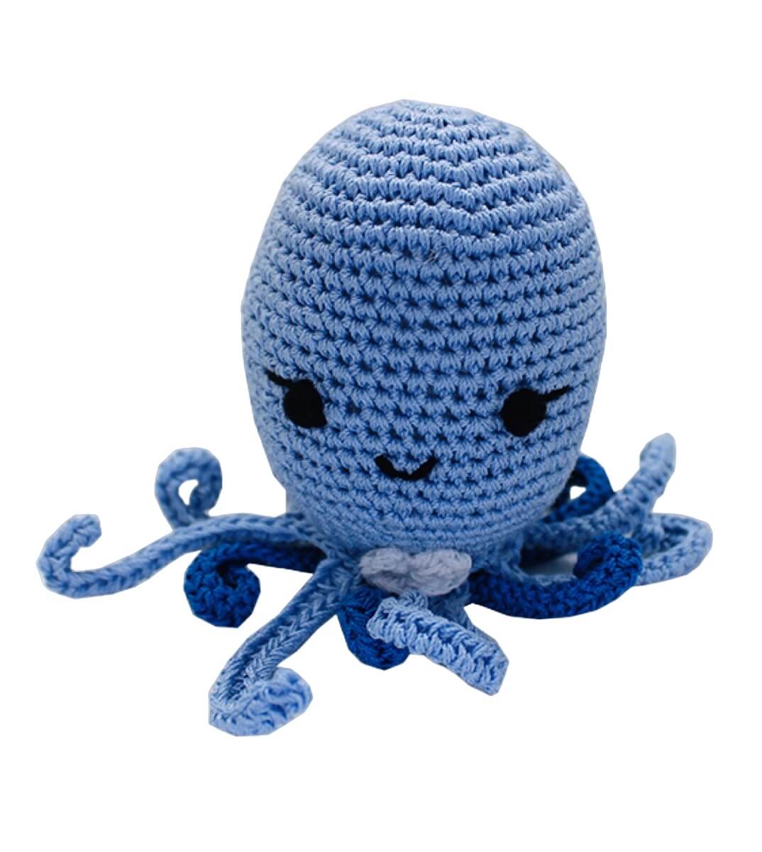 Knit Knacks "Ollie the Octopus" handmade organic cotton dog toy. Blue anthropomorphic octopus with a happy expression and a smiling face.