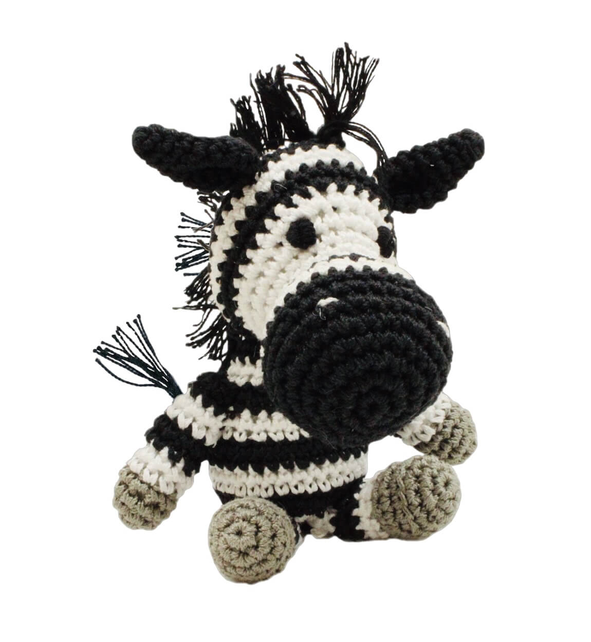 Knit Knacks "Zsa Zsa the Zebra" handmade organic cotton dog toy. Black and white zebra with a fringed mane and tail.