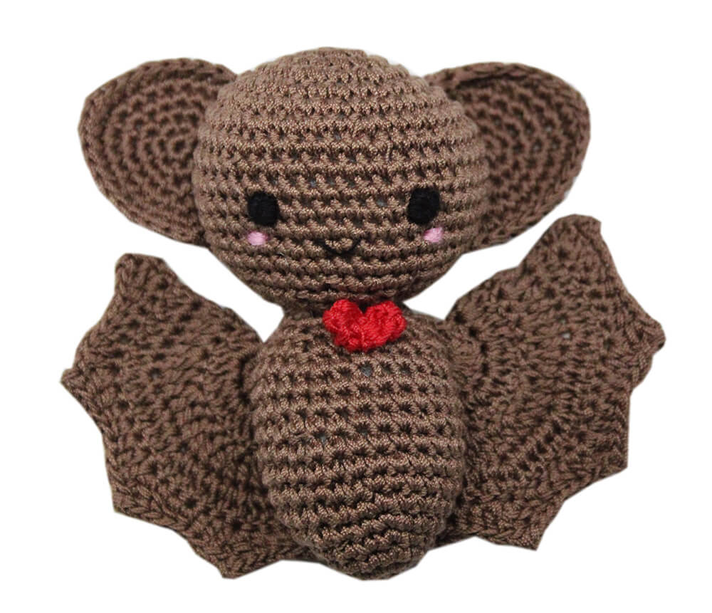 Knit Knacks "Bat" organic cotton dog toy. Happy, smiling brown bat with open wings and a heart on his chest.