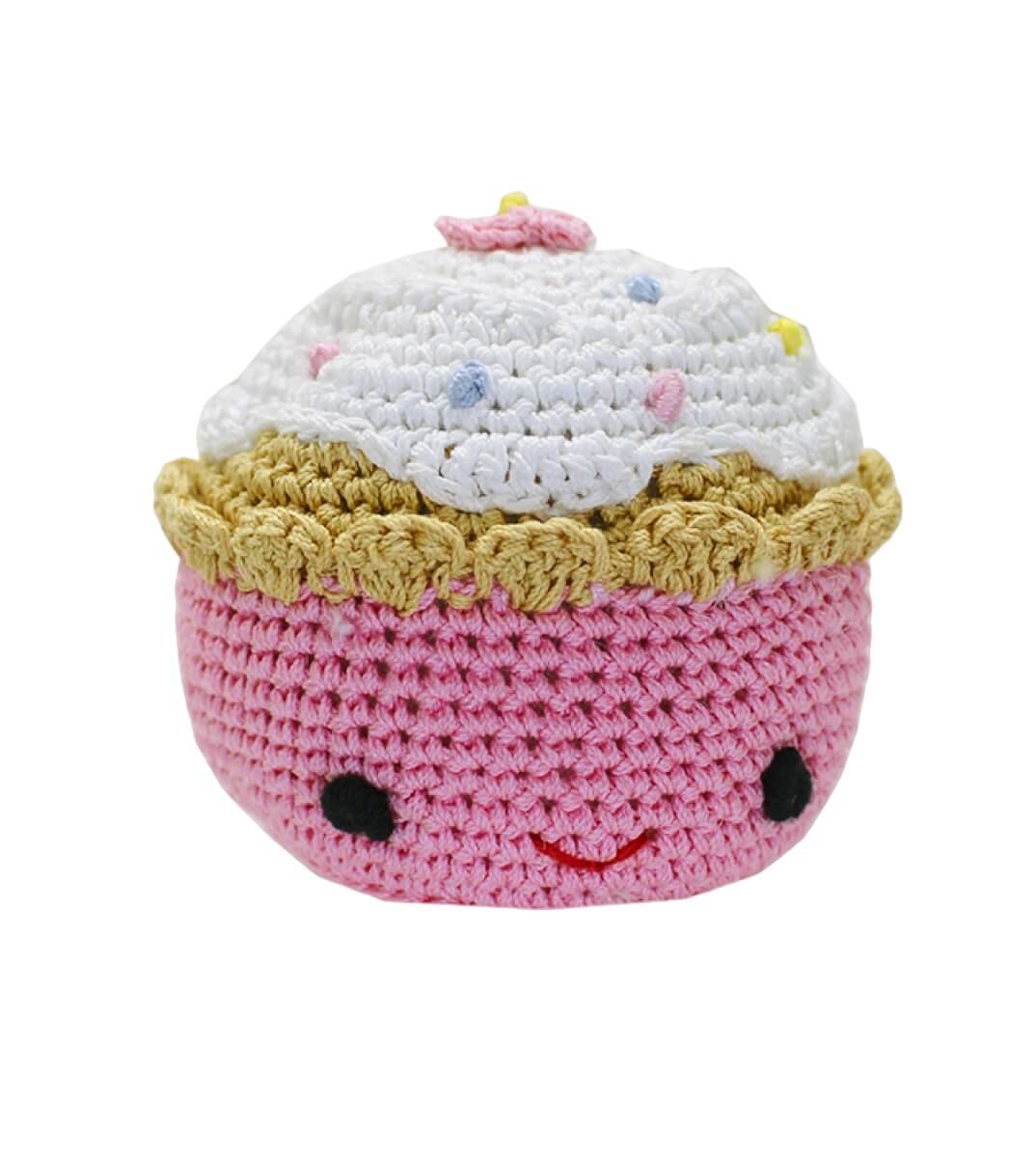 Knit Knacks &quot;Purrdy the Pink Cupcake&quot; handmade organic cotton dog toy. Pink anthropomorphic cupcake with a smiling face, and white frosting with sprinkles on its head.