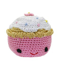 Knit Knacks "Purrdy the Pink Cupcake" handmade organic cotton dog toy. Pink anthropomorphic cupcake with a smiling face, and white frosting with sprinkles on its head.