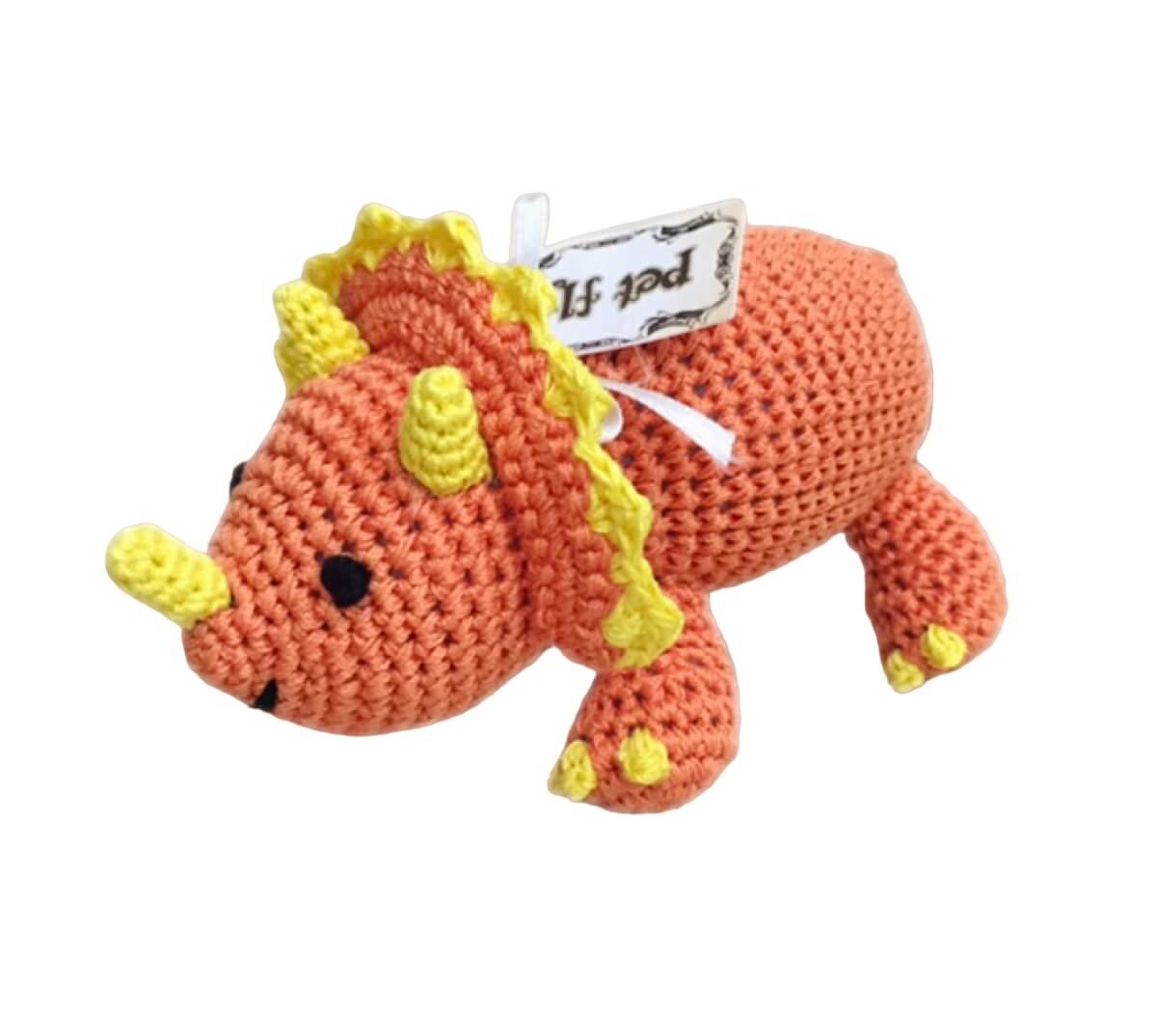 Knit Knacks &quot;Bop the Triceratops&quot; handmade organic cotton dog toy. Orange triceratops dinosaur with yellow trim.
