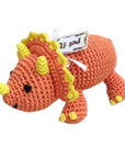 Knit Knacks "Bop the Triceratops" handmade organic cotton dog toy. Orange triceratops dinosaur with yellow trim.