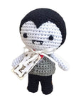 Knit Knacks "Dracula" handmade organic cotton dog toy. Black and white Dracula with a gray vest and a red bow tie.