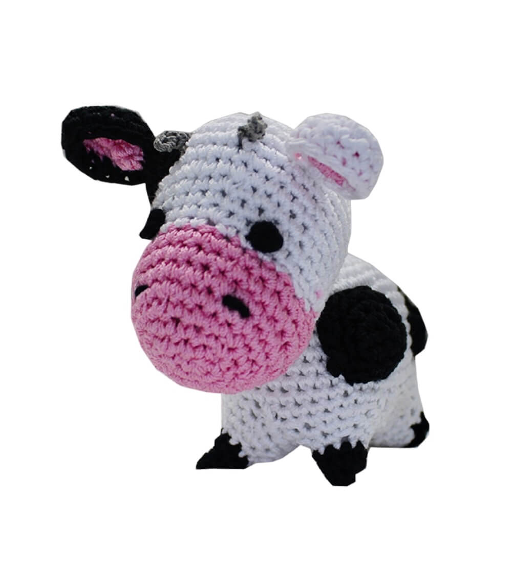 Knit Knacks "Molly Moo the Cow" handmade organic cotton dog toy. Black and white cow with pink nose and ears.
