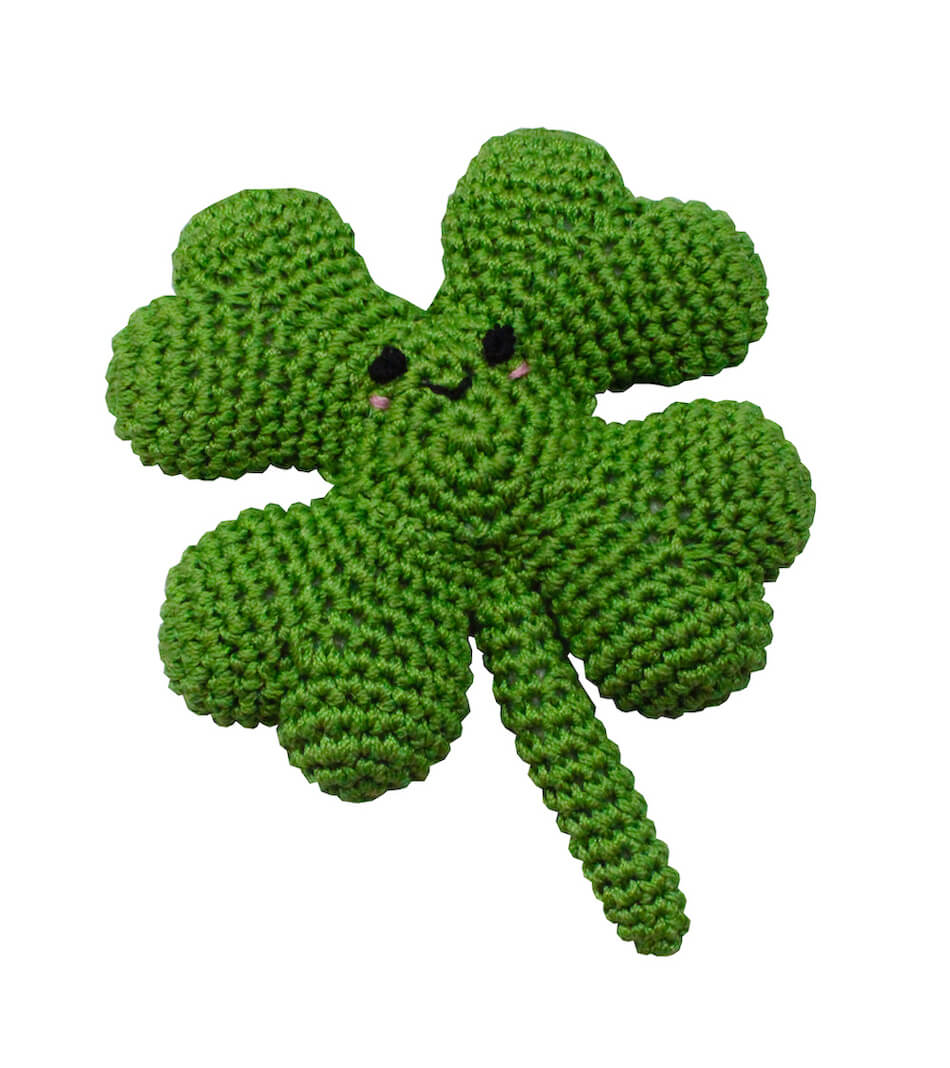 Knit Knacks "Lucky the Four Leaf Clover" handmade organic cotton dog toy. Anthropomorphic four leaf clover with rosy cheeks and a smiling face.