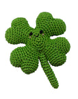 Knit Knacks "Lucky the Four Leaf Clover" handmade organic cotton dog toy. Anthropomorphic four leaf clover with rosy cheeks and a smiling face.