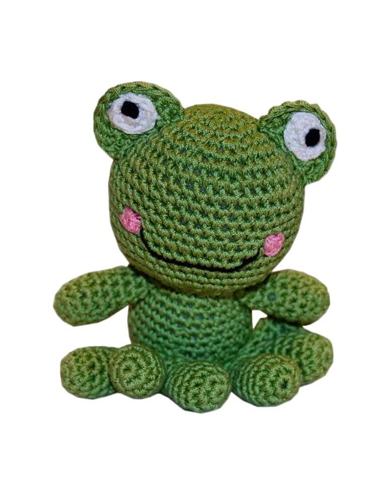 Knit Knacks "Fritz the Frog" organic cotton handmade dog toy. Smiling frog with big eyes and rosy cheeks.