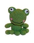 Knit Knacks "Fritz the Frog" organic cotton handmade dog toy. Smiling frog with big eyes and rosy cheeks.