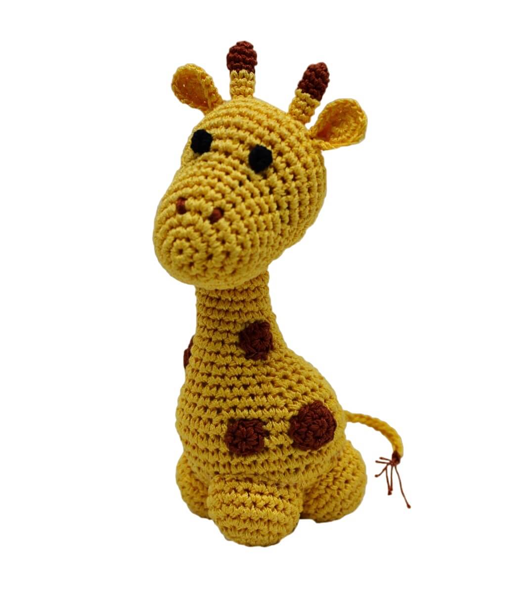 Knit Knacks "Louie Longneck the Giraffe" handmade organic cotton dog toy. Mustard yellow giraffe with brown spots and a fringed tail.
