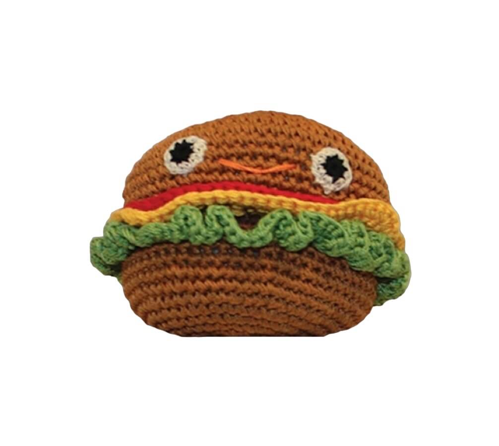 Knit Knacks "Hamburger" handmade organic cotton dog toy. Anthropomorphic hamburger with big eyes, a smiling face, and lettuce, ketchup and mustard accents.