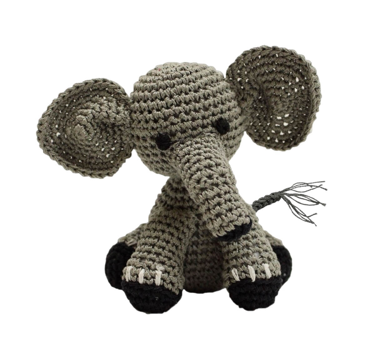 Knit Knacks "Bubbles the Baby Elephant" handmade organic cotton dog toy.  Gray elephant with big, round ears, a trunk, and a fringed tail.