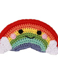 Knit Knacks "Happy Rainbow" handmade organic cotton dog toy. Anthropomorphic rainbow with a smiling face, rosy cheeks, and heart shaped cloud accents.