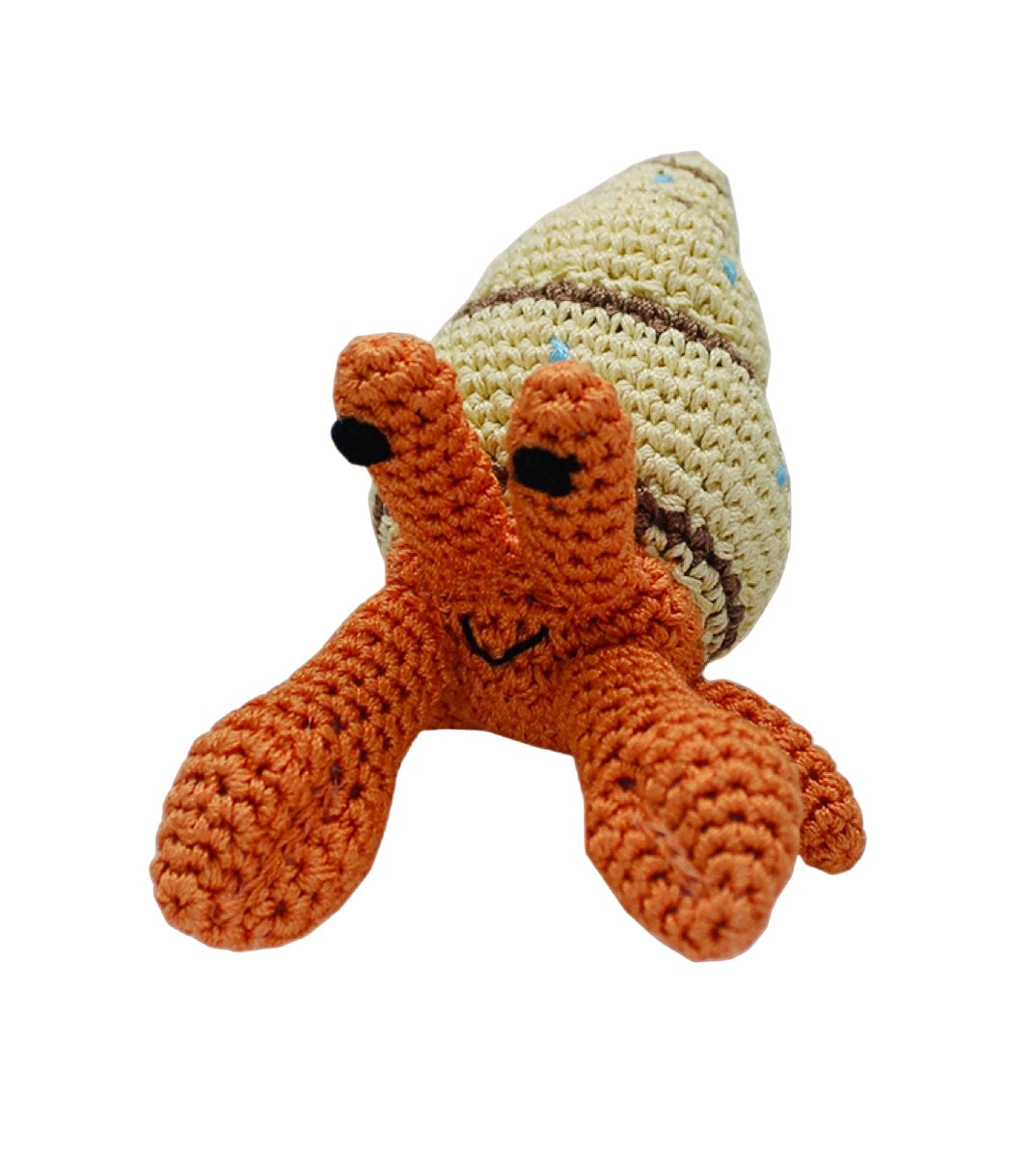 Knit Knacks "Shelly the Hermit Crab" handmade organic cotton dog toy. Smiling orange crab with pinchers in a tan shell.