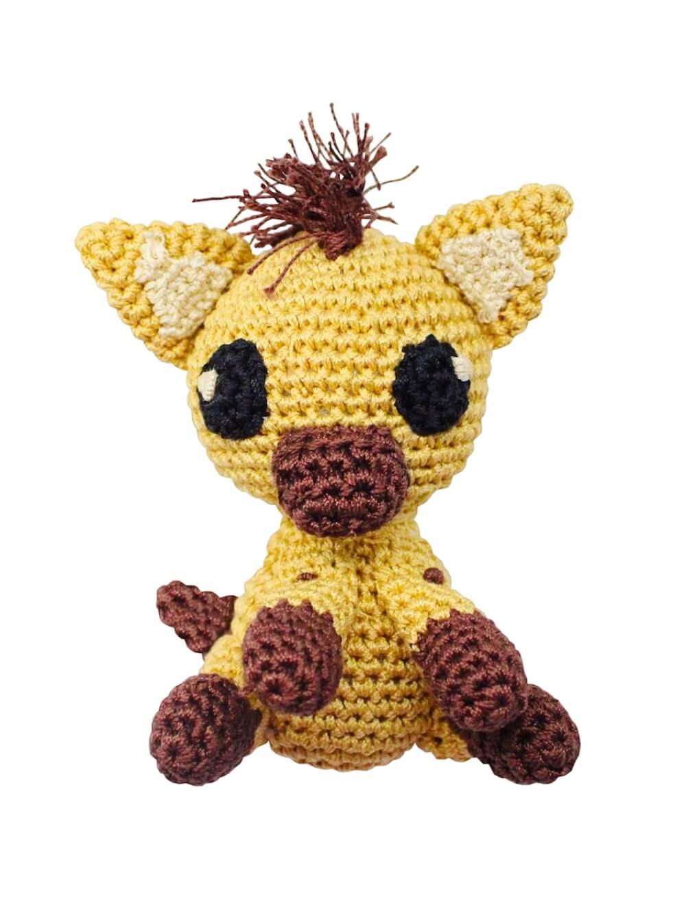 Knit Knacks "Howie the Hyena" handmade organic cotton dog toy. Mustard yellow hyena with brown trim and fringed hair.