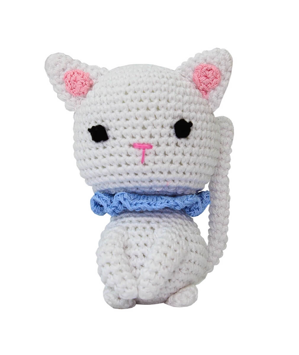 Knit Knacks "Kitty Purry" organic cotton dog toy. White cat with purple collar and pink ears.