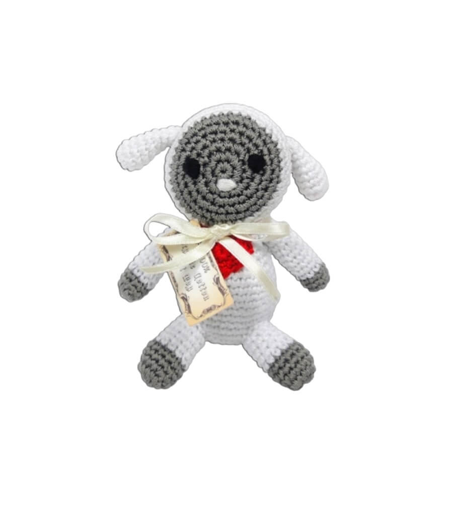 Knit Knacks &quot;Fleece the Lamb&quot; handmade organic cotton dog toy.  White lamb with gray trim.