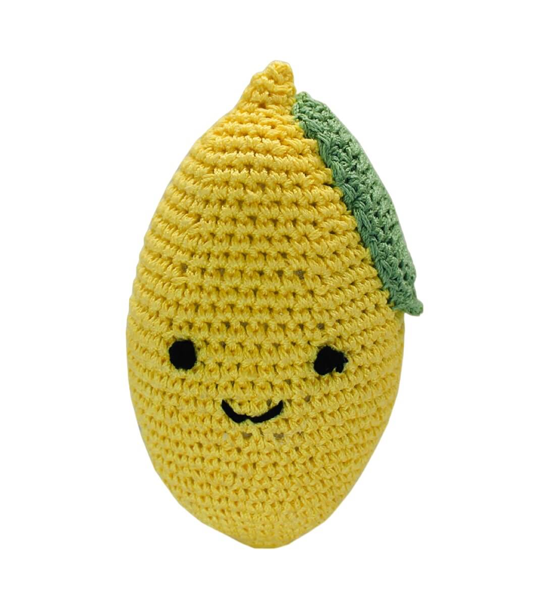 Knit Knacks "Lola Lemon" handmade organic cotton dog toy. Smiling anthropomorphic lemon with an accent leaf.