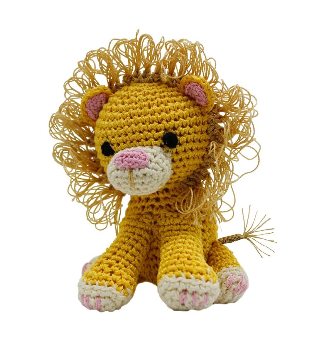 Knit Knacks &quot;King Cuddles the Lion&quot; handmade organic cotton dog toy. Yellow lion with a sweet face, and a fringed mane and tail.